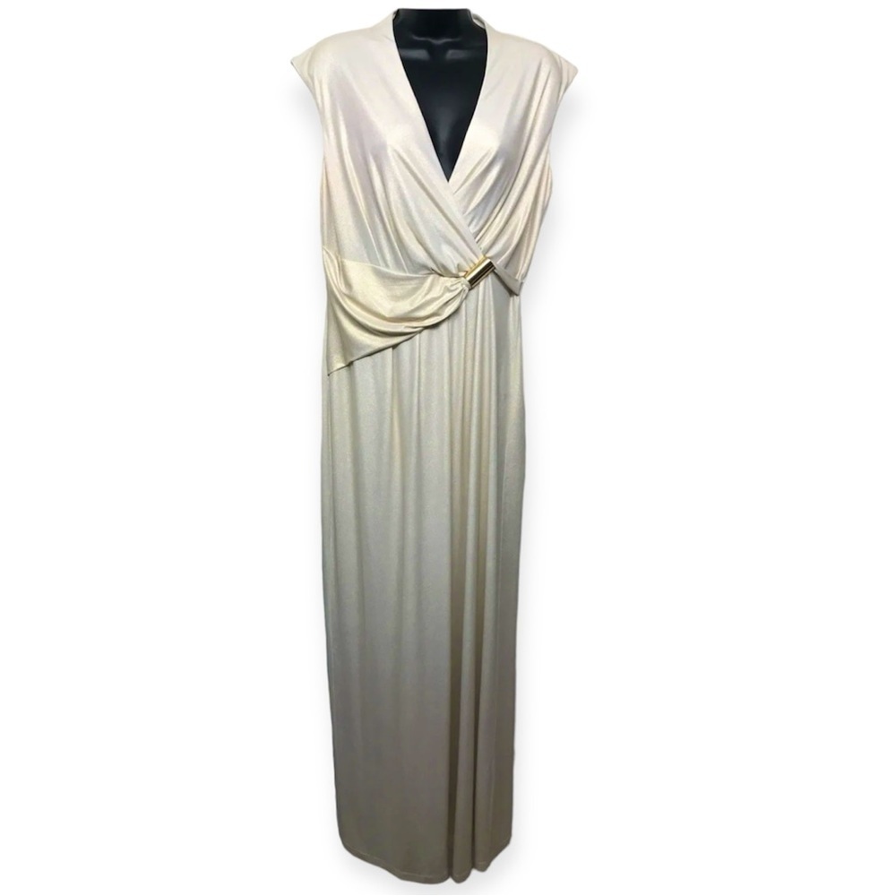 Ellen Tracy Ivory Metallic Silver‎ V Neck Sleeveless Long Gown Dress Size…​